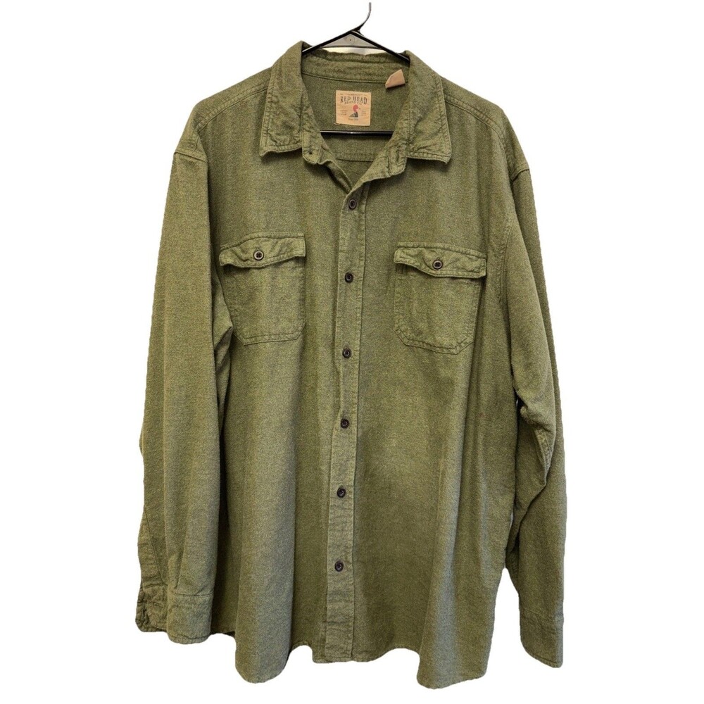 Red Head Flannel Button Up Long Sleeve Shirt Men 2XL Green Casual Work Pockets